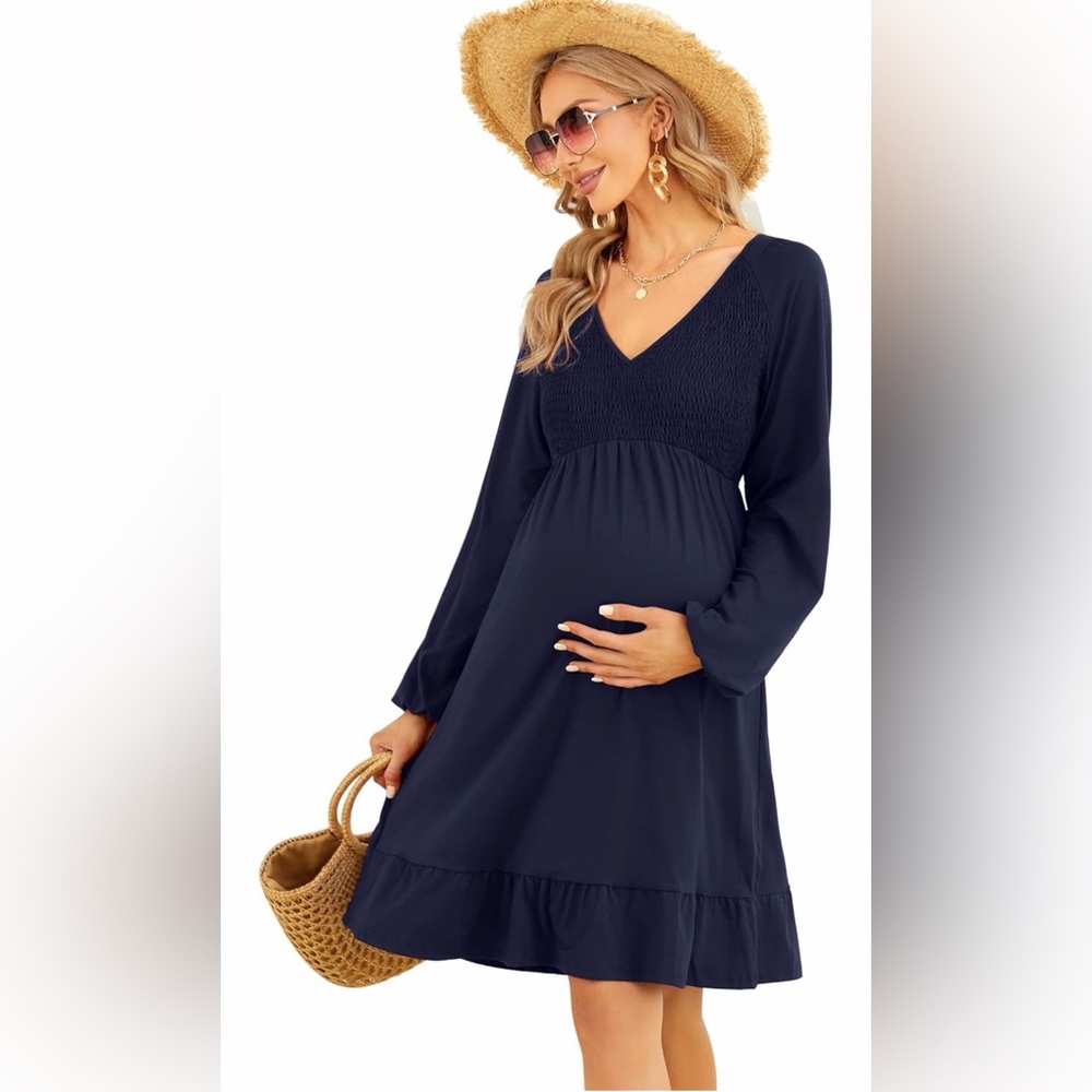 NEW Navy Blue Maternity Short Sleeve Ruffle Dress V Neck Smocked Midi Dress S